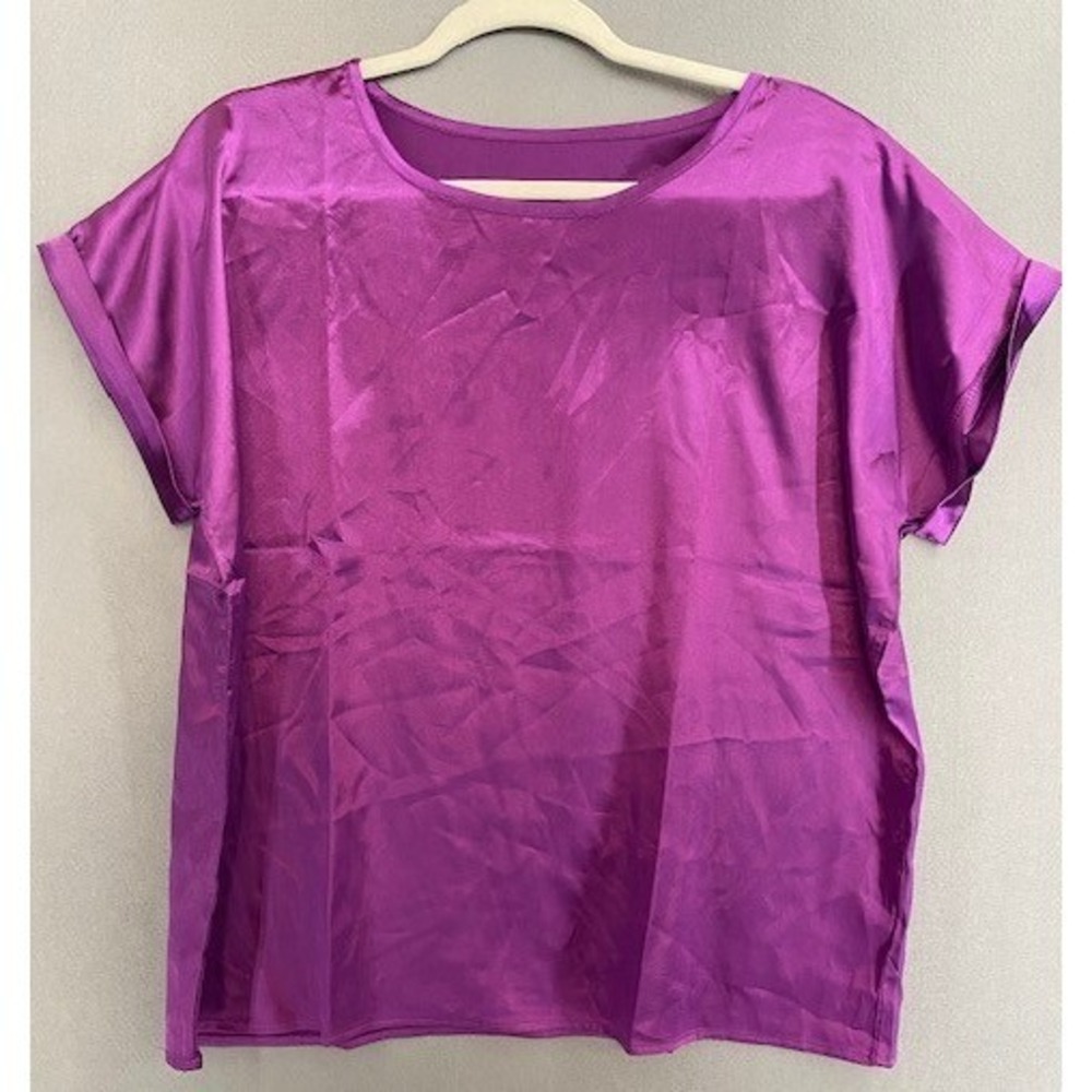 Women's Large Magenta Satin‎ Cuffed Short Sleeve Boxy Blouse Top Jewel Tone
